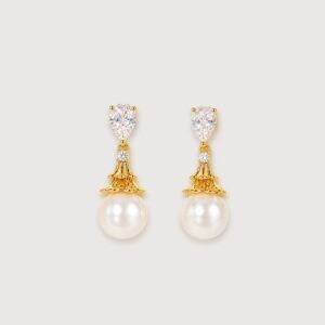 Pear-Cut Zircon and Faux Pearl Drop Earrings